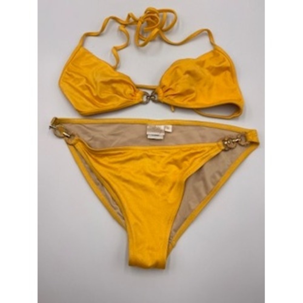 Milly Cabana Bikini Set Yellow Gold Ring Triangle Halter Two Piece Size S